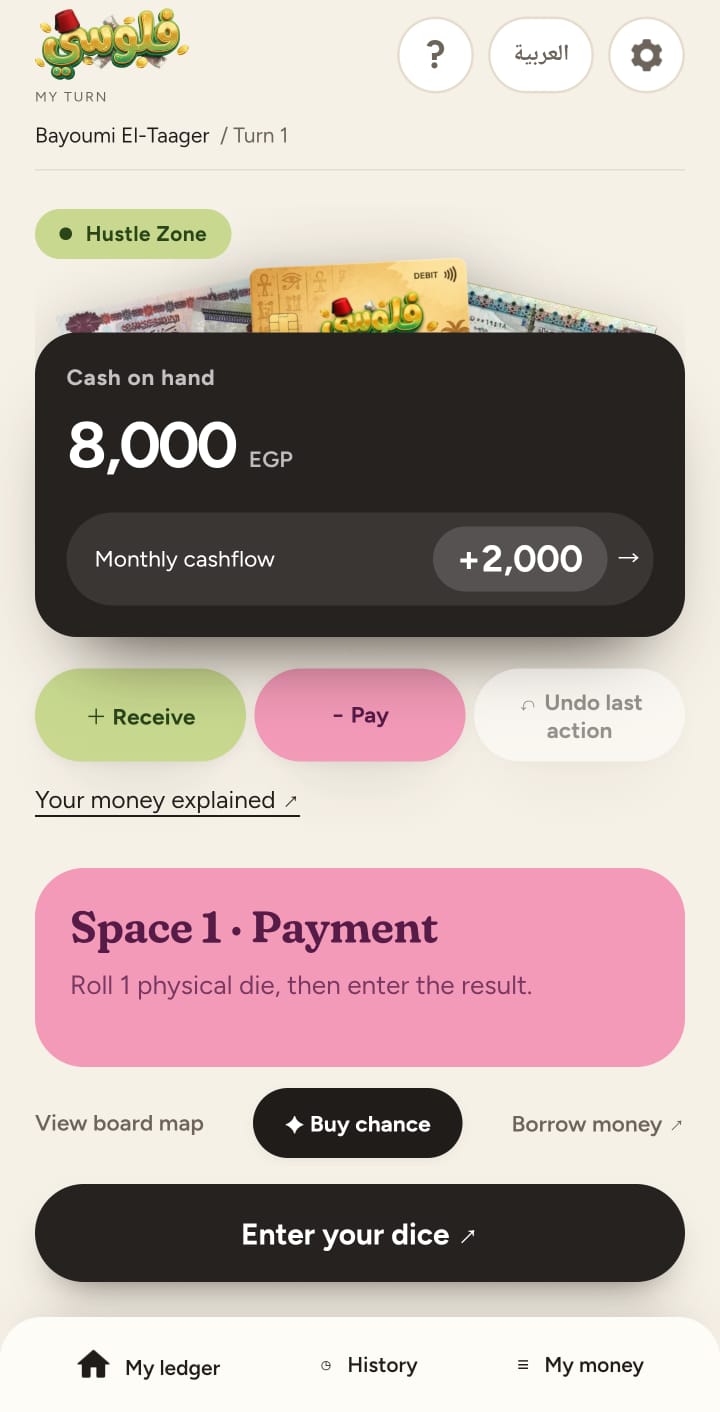The FELOSY Digital Ledger app showing cash on hand and monthly cashflow